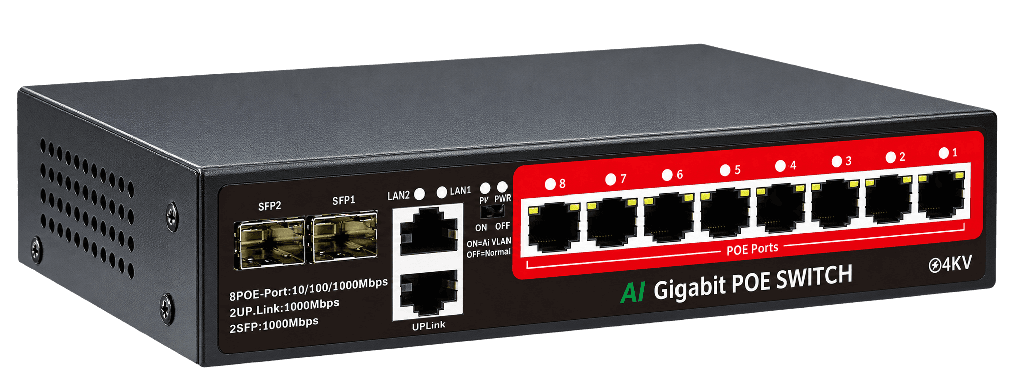 STEAMEMO PoE Switch 8-port Gigabit , 2x Gigabit Uplinks + 2x 1.25G SFP, AI VLAN MODE, Unmanaged Metal Plug & Play